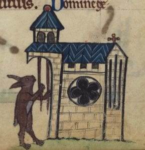 Medieval illumination featuring a rabbit ringing church bells