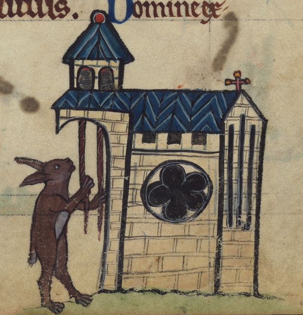 Medieval illumination featuring a rabbit ringing church bells